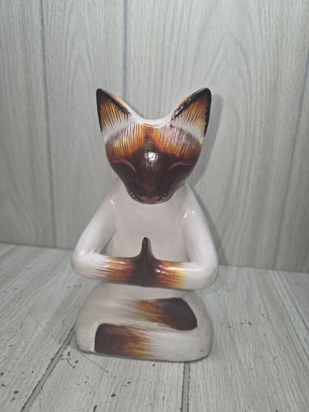 Handcrafted Yoga-Themed Siamese Cat Raintree Wood Sculpture Feline Yoga